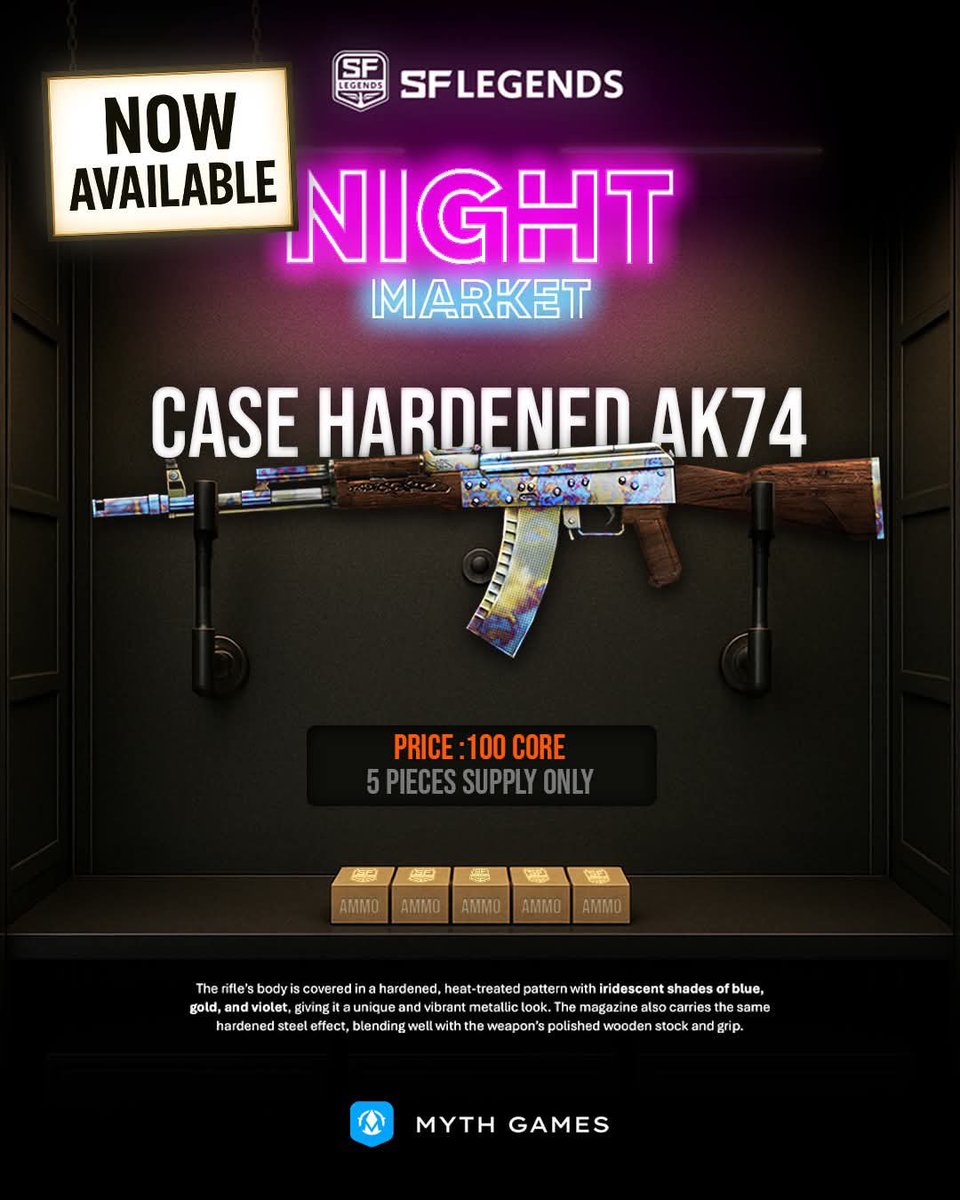 defivibz's tweet photo. 🔥 NOW LIVE at the Night Market!
The Case Hardened AK74 has landed — with only 5 pieces in stock. ⚡️
Rare. Limited. Legendary. Don’t sleep on this drop, Legends. 👇
👉 https://t.co/vQYjQ1Wcim
#MythGames #CoreDAO #GameFi #FPS https://t.co/I5qw4gISMK
