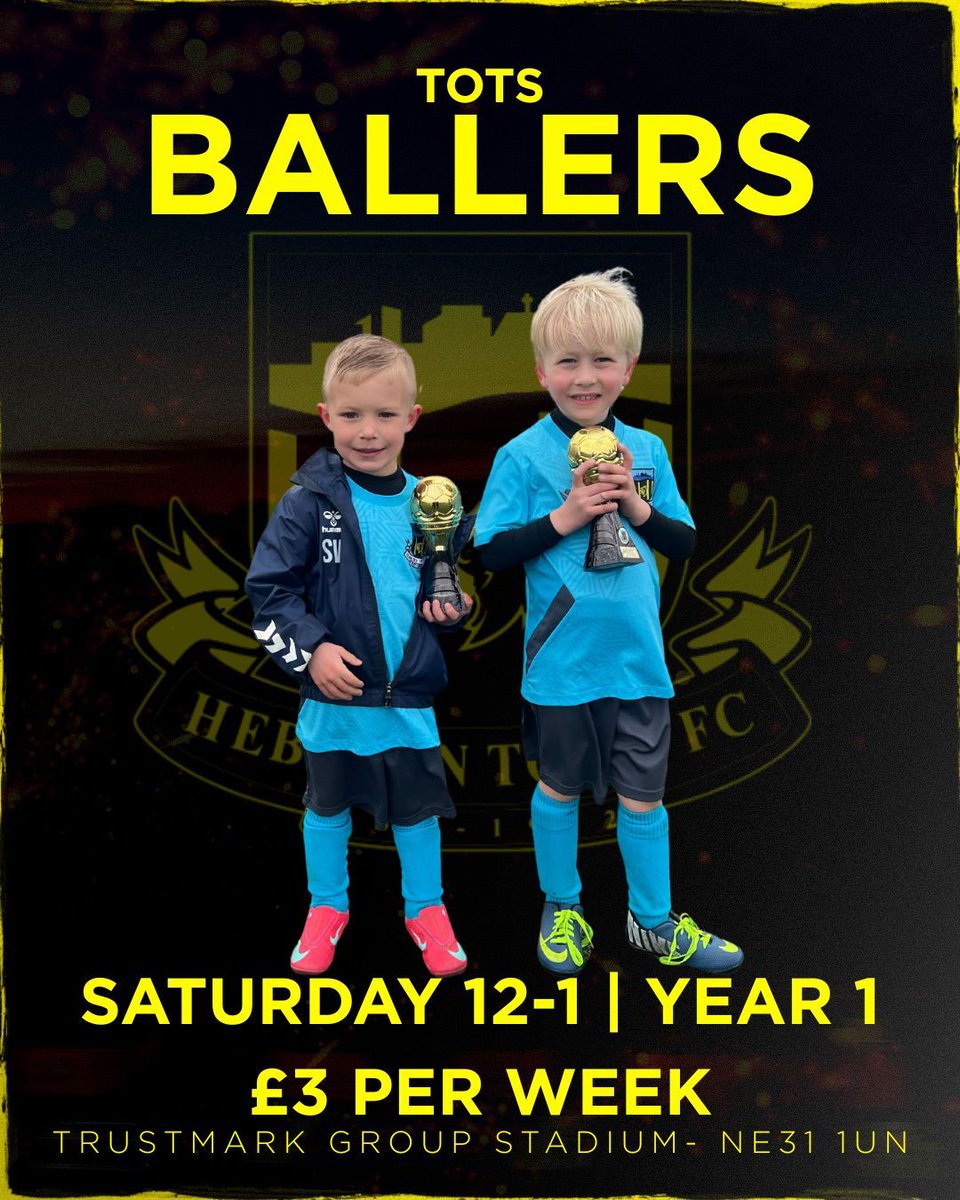 ⚽ Tots - Ballers! ⚽ 👶 Is your child in Year 1? This is the session for you. 

📲 Lock in your spot here on our brand new booking system👉  👉 hebburntownjuniorsfc.com/payasuplay  🐝