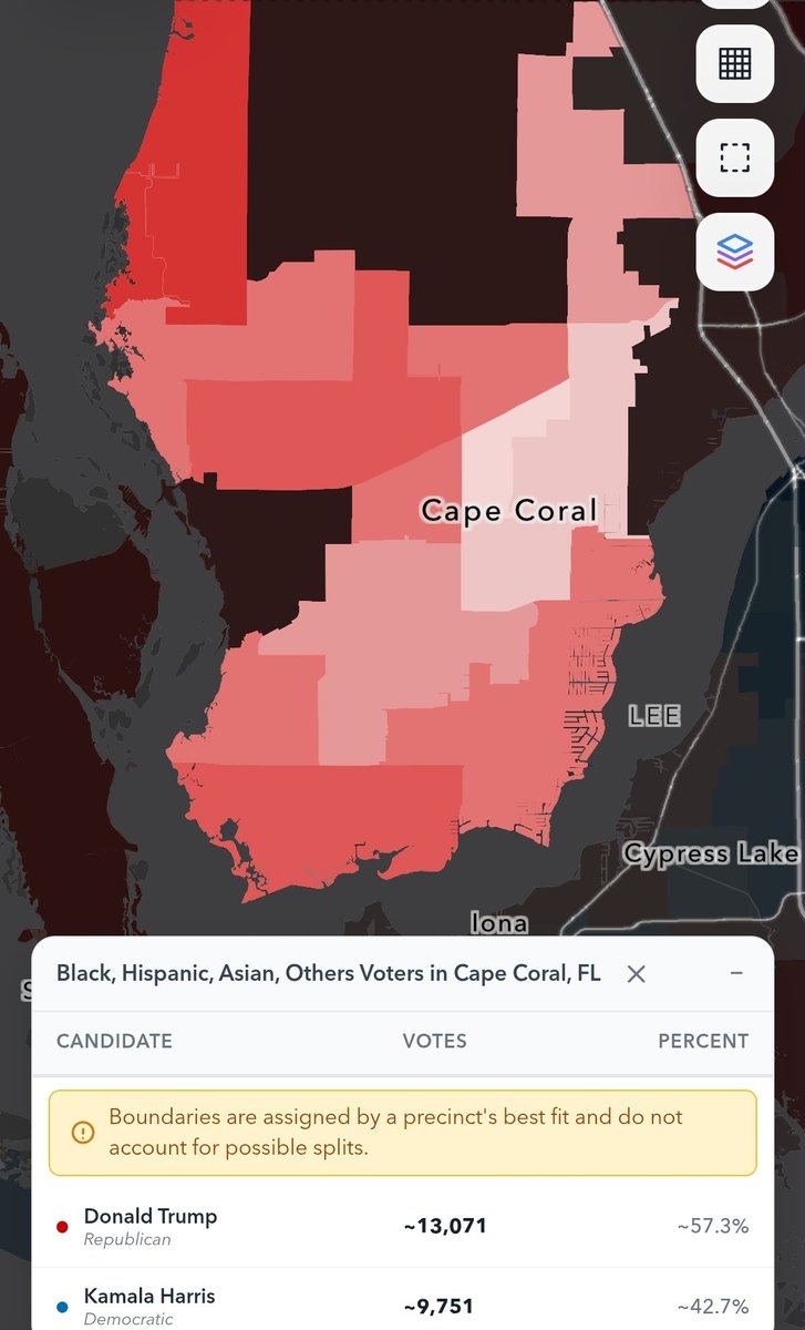 SidKhurana3607's tweet photo. Largest cities where non-white voters voted for Trump:

42. Miami: 51-49 🟥
96. Hialeah: 77-23 🟥
99. Cape Coral: 57-43 🟥
122. Amarillo: 56-44 🟥

Not too surprising, three South FL cities and one in the TX Panhandle. https://t.co/P7zlOVqAOy