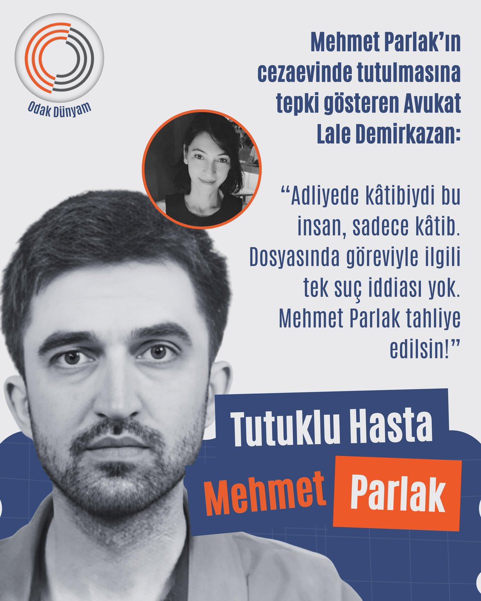 Mehmet Parlak’ın cezaevinde tutulmasına tepki gösteren Avukat Lale Demirkazan:

“Adliyede kâtibiydi bu insan, sadece kâtib. Dosyasında göreviyle ilgili tek suç iddiası yok. Mehmet Parlak tahliye edilsin!”

<a href="/OrionEmpress/">Lale Demirkazan 🌱🖖</a> 

MehmetParlakı Kurtarın
