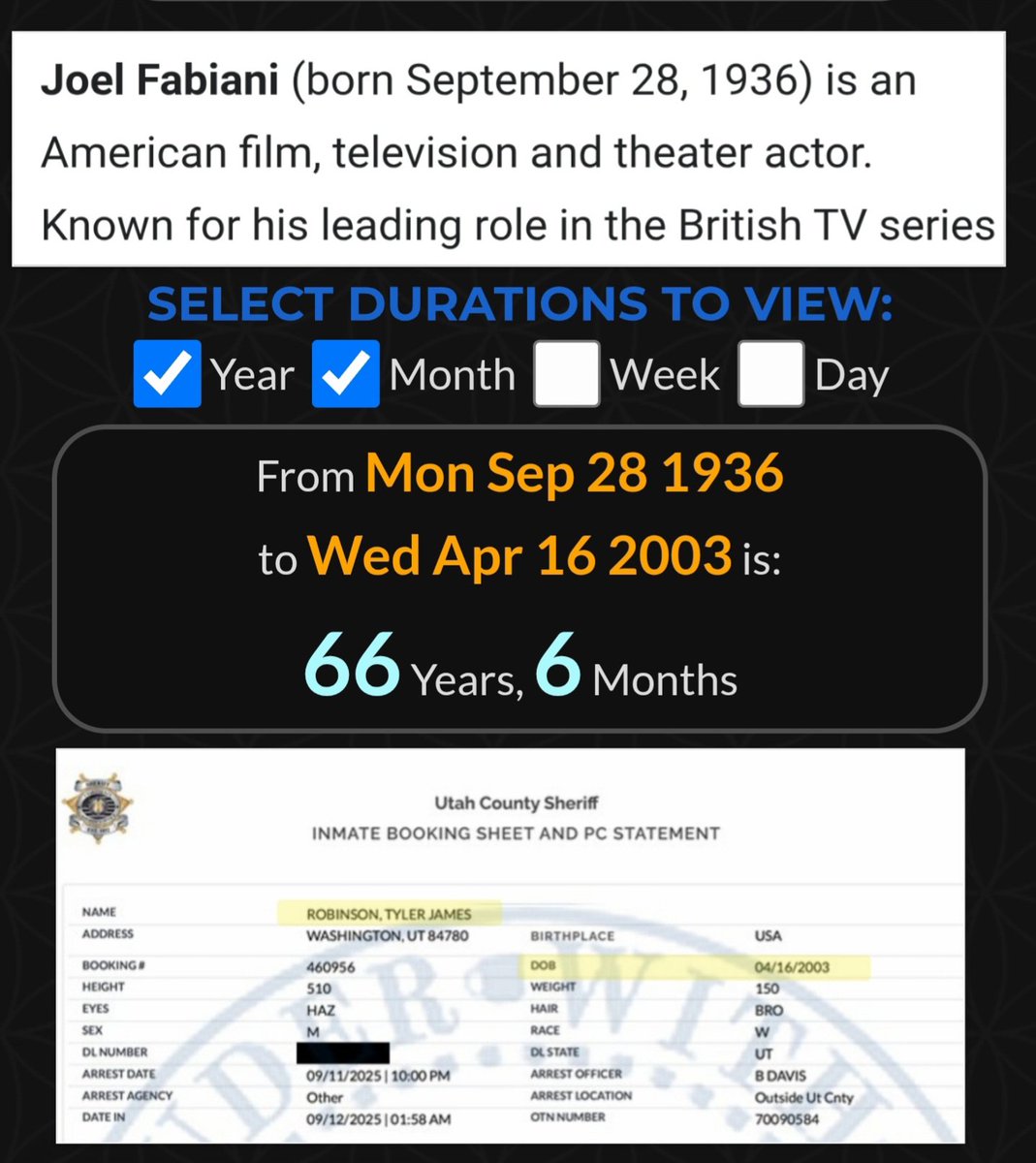 Joel Fabiani is the actor who played CHARLES KIRKland in Snake Eyes (who is assassinated on Sept 10)

He was 66 yr 6 mth old when CHARLIE KIRK's assassin TYLER Robinson was born