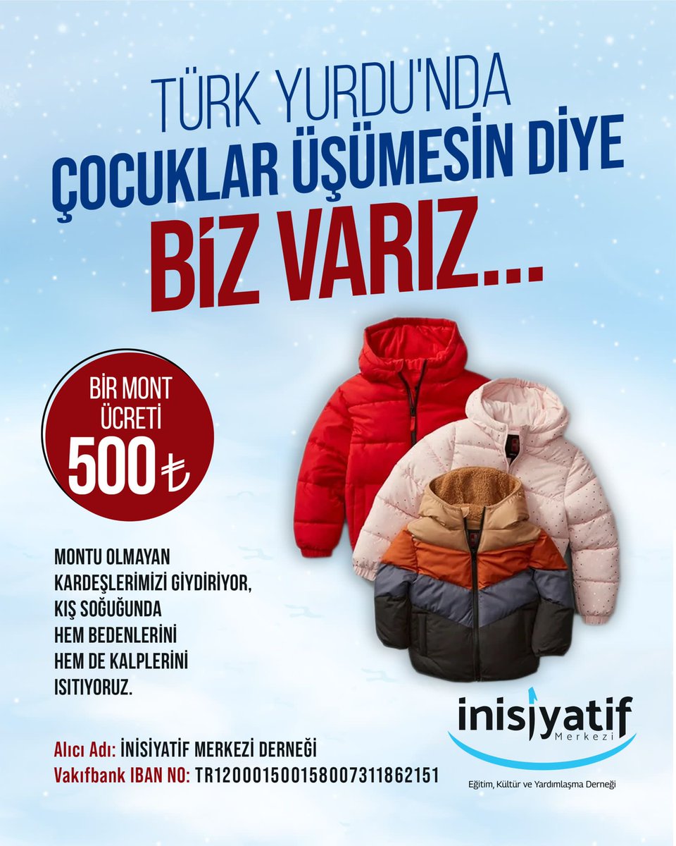 Servet Kahramaner 🇹🇷 (@skahramaner) on Twitter photo Türk Yurdunda Çocuklarımız Üşümesin Diye BİZ VARIZ!.
İhtiyacı olan çocuklarımıza dağıtılmak üzere mont bağışında bulunmak isteyen hayırsever dostlarımızın desteklerini bekliyoruz.
<a href="/inisiyatifmerkz/">İnisiyatif Merkezi Derneği</a> <a href="/Eskinisiyatif/">Eskişehir İnisiyatif Merkezi</a>
<a href="/dincerazaphangs/">Dinçer Azaphan</a> #BizVarız Türk Yurdunda Çocuklarımız Üşümesin Diye BİZ VARIZ!.
İhtiyacı olan çocuklarımıza dağıtılmak üzere mont bağışında bulunmak isteyen hayırsever dostlarımızın desteklerini bekliyoruz.
<a href="/inisiyatifmerkz/">İnisiyatif Merkezi Derneği</a> <a href="/Eskinisiyatif/">Eskişehir İnisiyatif Merkezi</a>
<a href="/dincerazaphangs/">Dinçer Azaphan</a> #BizVarız