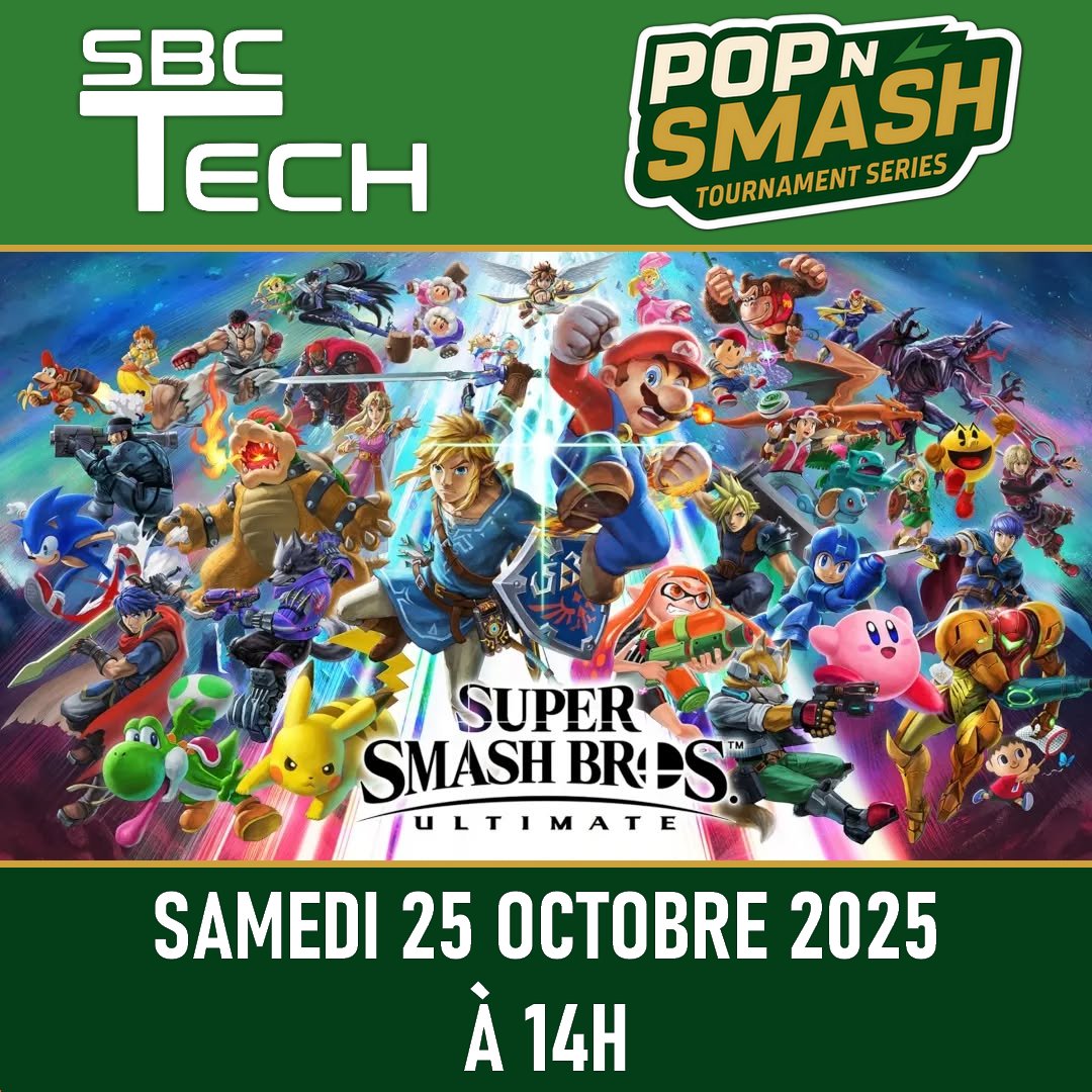 sbctech51's tweet photo. ALERTE EVENEMENT : SBCTech vous présente la première édition de notre nouveau tournoi Super Smash Bros Ultimate : Pop N Smash ! Il se déroulera le Samedi 25 octobre au Centre Social de St Brice Courcelles. Informations et inscriptions : https://t.co/iRnTAIqtW5 https://t.co/XQ3DRkiPEf