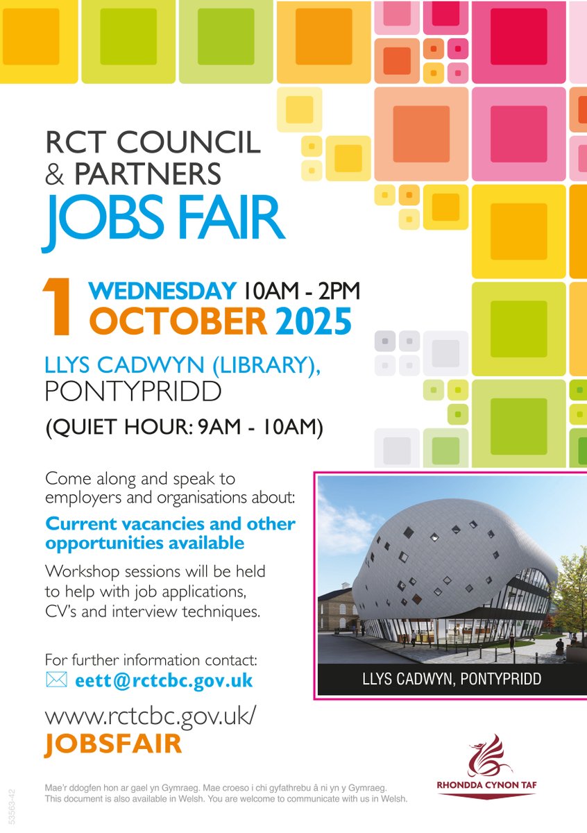 SET_Recruitment's tweet image. 🚨 We’re excited to be part of the RCT Jobs Fair on Wednesday, 1st October! 🚨

Come along to discover job opportunities, meet local employers, and take the next step in your career.

📍 Llys Cadwyn, Pontypridd
🕒 10am-2pm

Don’t miss it; free entry for all job seekers!
