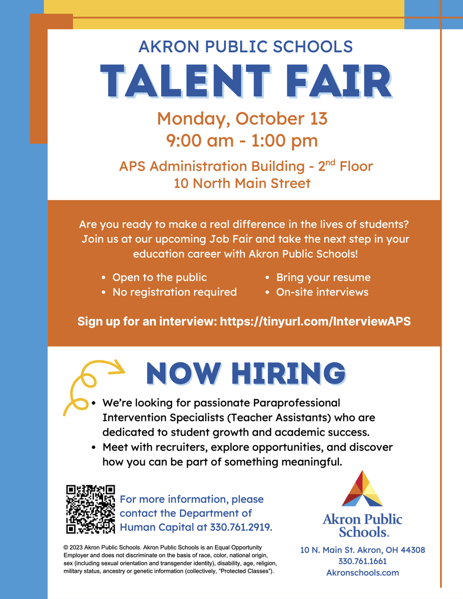 akronschools's tweet photo. Join us at the APS Talent Fair on Monday, October 13 from 9:00 am to 1:00 pm at 10 North Main St. Meet recruiters, explore opportunities, and take the next step in your education career. No registration requiredβjust bring your resume!
#AkronPublicSchools #APSCareers #TalentFair https://t.co/OcgTJpM70L
