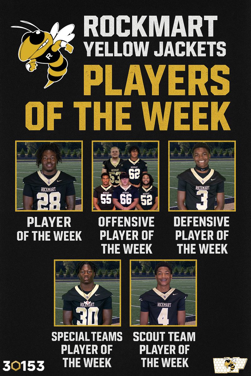 Congrats to our Players of the Week against Coahulla Creek!

POTW: Nate Davis
Offensive POTW: Starting OL
Jaiden Thompson, Sulli Johnson, Jordan Arteaga, Noah King, Caden Mahoney
Defensive POTW: Max Ware
Special Teams POTW: Jayden Helms
Scout Team POTW: Jahari Whatley

🪨🐝
#STS