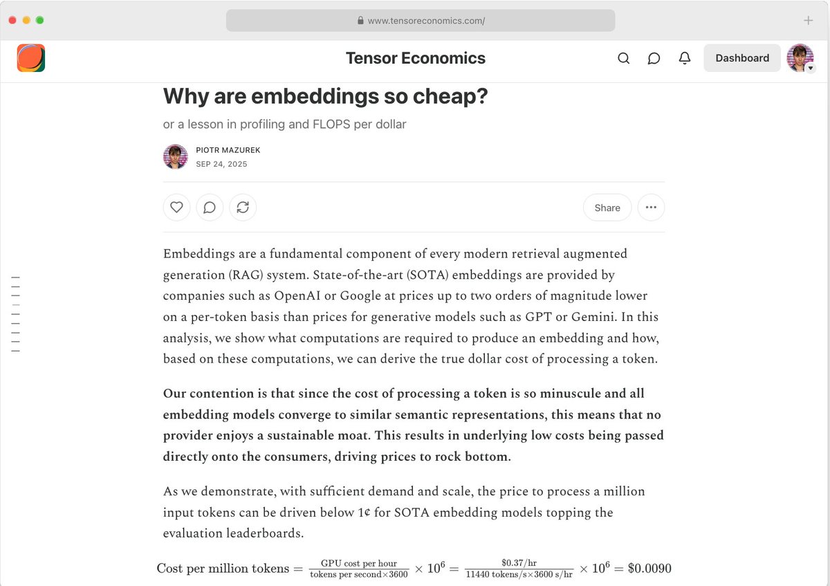 tugot17's tweet image. Ever wondered why embedding models are offered so cheaply? It is because you can process literally billions of tokens a day even on a consumer-grade GPU like the 4090.
Check out our new text investigating the economics of embedding model inference.
Link in the next tweet