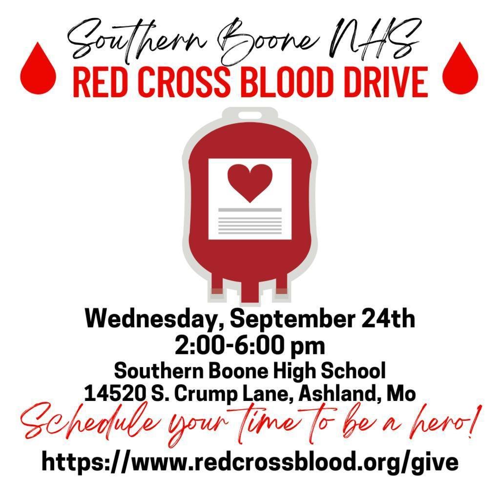 The Southern Boone High School National Honor Society is hosting its first blood drive of the year with the Red Cross this afternoon from 2PM-6PM in the HS Commons.

Schedule your time here: redcrossblood.org/give