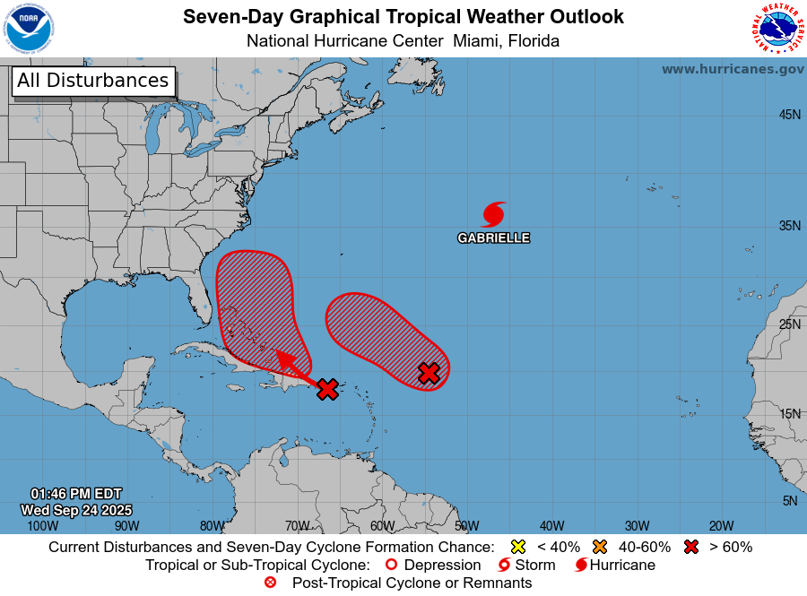metlogicio's tweet photo. The afternoon Tropical Weather Outlook indicates that both #AL93 and #AL94 have a high probability of development through the next seven days, with #AL93 having the highest chance of near-term development. https://t.co/G9qmjkm4na