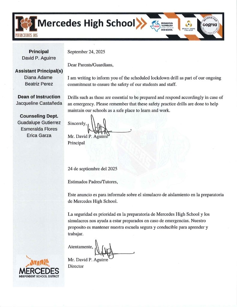 Important message from Mr. David Aguirre, Principal. Mensaje importante del Sr. David Aguirre, Director de MHS.