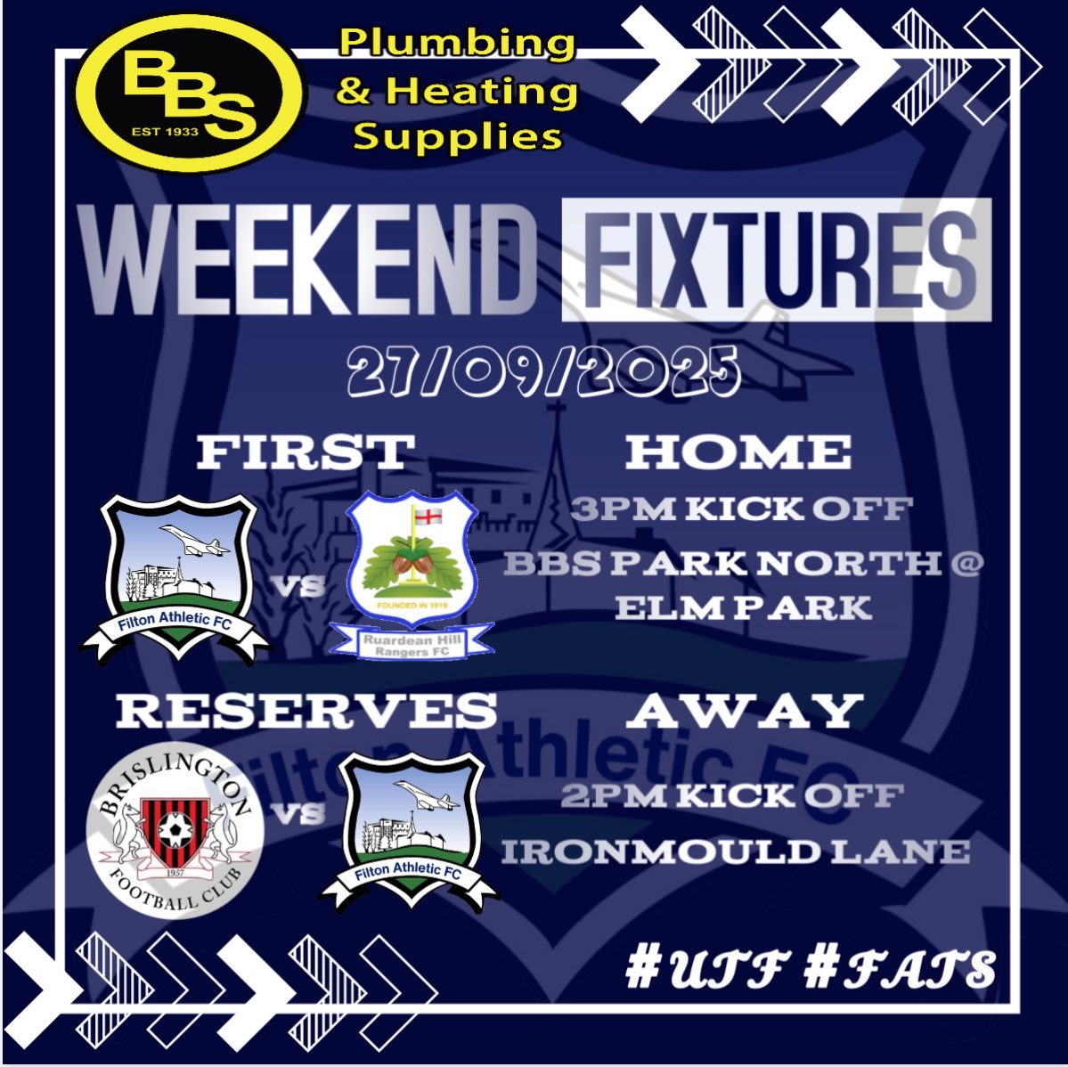 ⚽️🔵 FIXTURES 🔵⚽️

The first team are home this weekend with <a href="/RHRFC/">Ruardean Hill Rangers FC</a> coming over the bridge from the forest.

The ressies travel to south Bristol to take on <a href="/BrislingtonFC/">Brislington FC</a> 2nds at Ironmould Lane.

#𝓤𝓣𝓕 #𝓕𝓐𝓣𝓢