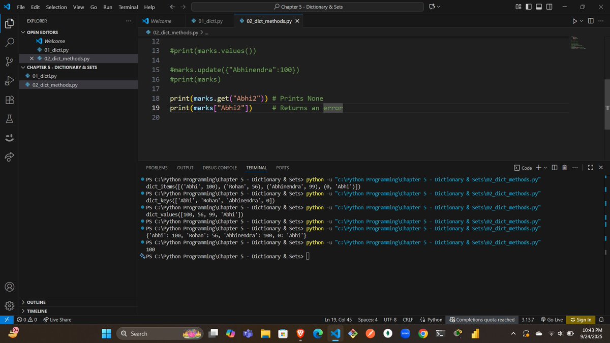 codewithGenZ's tweet image. Day 83🚀: #100daysofcode : #GeeksforGeeks
Today i learned about dictionaries and set in Python🐍
#Python_language #100daysofchallenge #codinglife #LearnInPublic #learnprogramming #programmer #coder #CodingJourney #codewithGenZ #BuildYourself #Hackathon #Genius #ProblemSolving