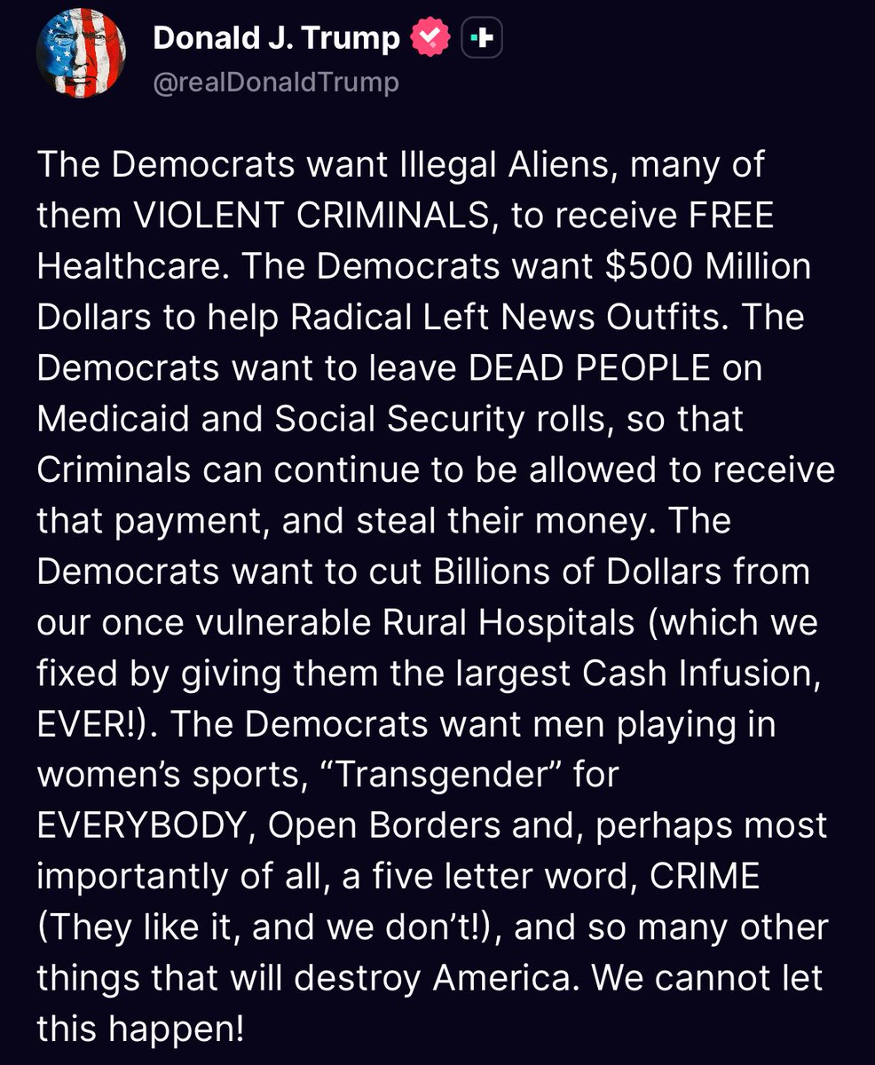 From Trump.

<a href="/POTUS/">President Donald J. Trump</a> SHUT IT DOWN. Don’t give in. We support you. 

<a href="/HouseGOP/">House Republicans</a> <a href="/SenateGOP/">Senate Republicans</a>