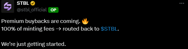 You see the spike not the reason, <a href="/stbl_official/">STBL</a> announced a buyback.

Starting Q4, 100% of minting fees → $STBL buybacks.

100% of the revenue will be used for buybacks.