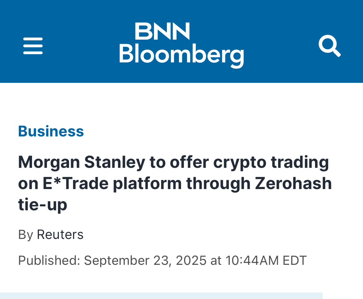 Every fintech broker will sell crypto Morgan Stanley via E*Trade is betting  on @ZeroHashX to embed crypto trading into their footprints. Soon it will  be everyone. On top of that, the company
