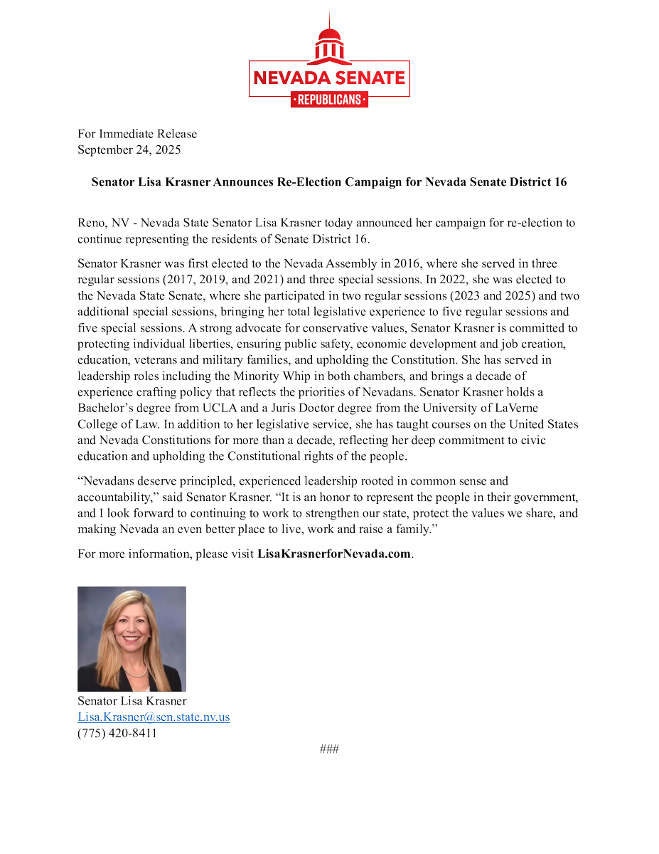 LisaKrasner4NV's tweet image. I am excited to announce that I am running for re-election to NV Senate 16. @NVGOPSenate @NVGOP