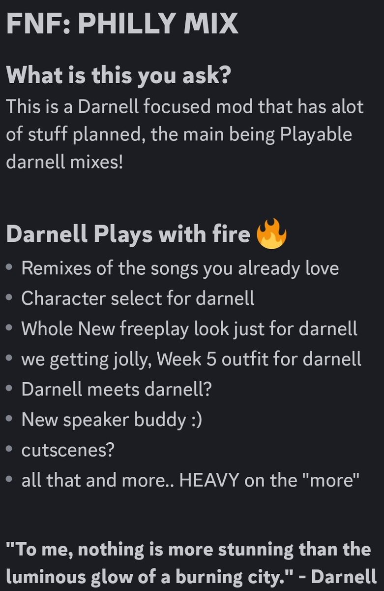 phillymix_devs's tweet image. To me, nothing is more stunning than the luminous glow of a burning city.&quot; - Darnell
discord.gg/uxWnfRGSmW
#fridaynightfunkin #phillymix #Darnell #picosschool