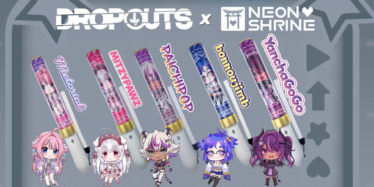 Cheer on the downhill journey of <a href="/DigitalDropOuts/">DropOuts</a> with their official penlights! 🌟

Now available online and at our <a href="/LAIdolMatsuri/">LA Idol Matsuri</a> booth to light up their big performance with <a href="/metorialvt/">Metorial メリ 🪷🔱 end of an arc</a>, <a href="/mitzy_luvs_u/">mitzy 💗🪡【DropOuts】</a>, <a href="/PaichiPop/">Paichi 🍄 🐯 【DropOuts】</a>, <a href="/bonnoujimb/">✧ bonnoujimb ✧ 🦝⛩️【DropOuts】</a> &amp; <a href="/YanchaGoGo/">Yancha 😈🦇 🛫on Vacation🛬【DropOuts】❤️⛓️</a>!🪷💗🍄🦝😈

Grab yours below!👇