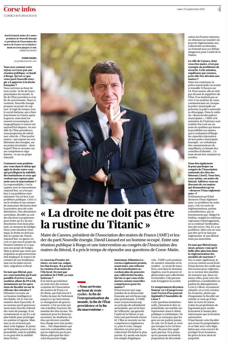 Nous arrivons au bout de trois cycles : 
➡️la fin de l'européanisation du monde, 
➡️la fin de l'État providence 
➡️la fin du macronisme 

Interviews  de <a href="/davidlisnard/">David Lisnard</a> la première pour <a href="/lopinion_fr/">l'Opinion</a> la deuxième lors de son déplacement pour  <a href="/Corse_Matin/">Corse-Matin</a> 

#Zucman #impots #taxes