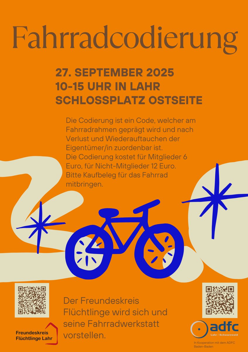 Fahrradkodierung in Lahr am Schlossplatz, Sa 27. September 10-15 Uhr