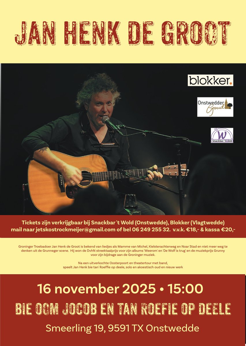 Jan Henk de Groot treedt op in Smeerling op 16 november:   onstwedde.info/nieuws/artikel…