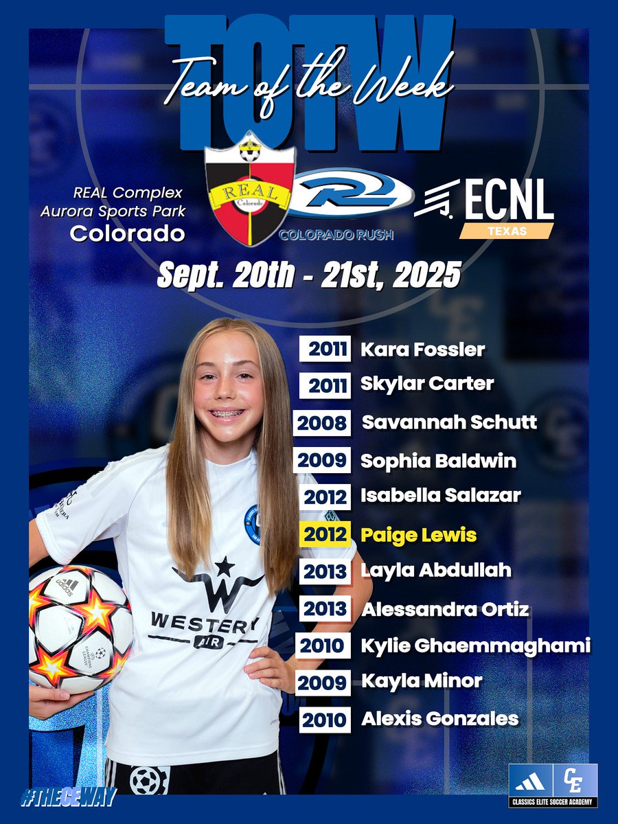 ClassicsEliteSA's tweet image. ⭐️ TOTW ECNL ⭐️
Our CE ECNL Team of the Week over the weekend against Real Colorado & Rush!
🔵⚫️
#theCEway #TOTW #MoreThanALeague #LeadersPlayHere