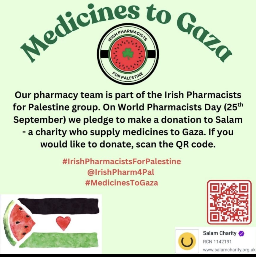 Pharmacists across the country are preparing for World Pharmacist Day  #WPD2025 We are privileged to be able to stand in solidarity with our pharmacist colleagues in Gaza #IrishPharmacistsForGaza <a href="/IrishhcwforPal/">irish_hcworkers_for_palestine</a> <a href="/rtenews/">RTÉ News</a> <a href="/FergalBowers/">Fergal Bowers</a> <a href="/Independent_ie/">Irish Independent</a> <a href="/IrishTimes/">The Irish Times</a> <a href="/IrishPharmacy/">Irish Pharmacy Union</a>