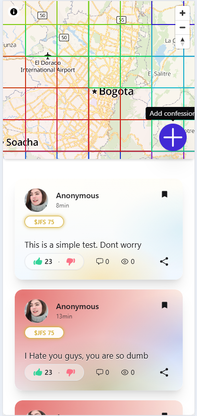 devjonfess's tweet photo. Hello everyone 👋
It’s been 1 month since I started this project!
It’s about anonymous geolocated confessions 🌍 — posts are tied to a geohash (hash6), so people can share near their area and see what others are saying locally or anywhere.
Users can also send tokens through https://t.co/Vj12jinnwJ