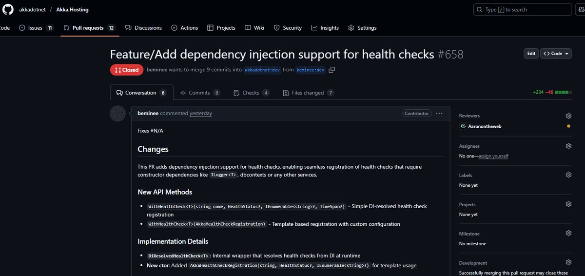 Aaronontheweb's tweet image. A first-time contributor to @AkkaDotNET implemented DI support for our new health checks system yesterday. Merged it in today (with some minor cleanup from me, but still their design) - open source is wonderful.