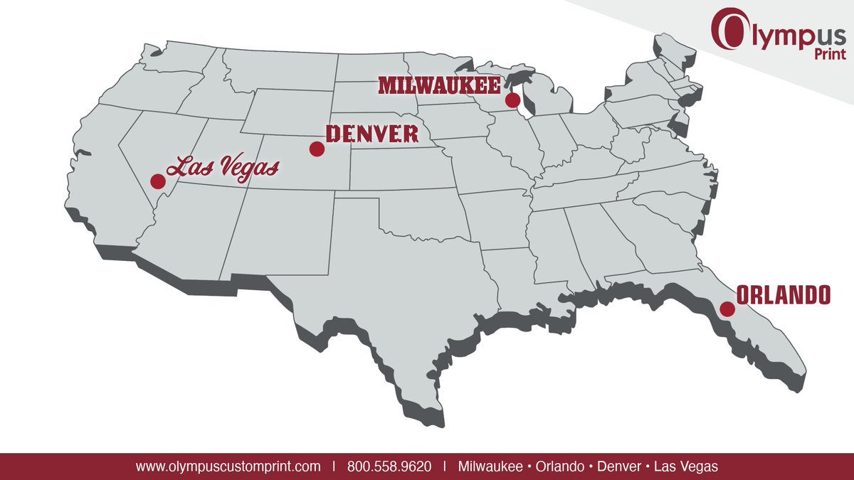 Same Process. Same Colors. Coast to Coast.

With four full-service print facilities across the U.S., Olympus Group has nationwide reach and local-level response times.

Bonus: we pick up the phone. Even on weekends.