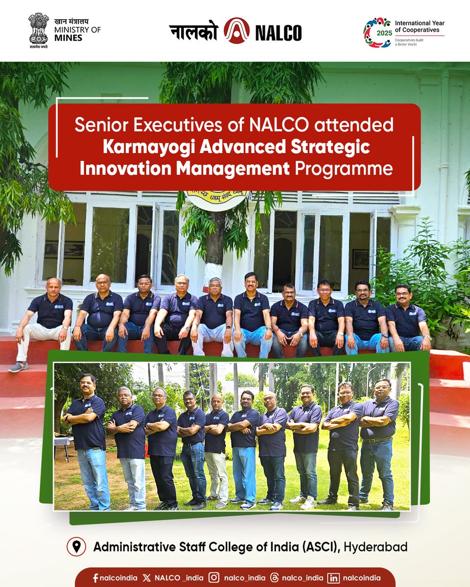 NALCO_India's tweet image. Ten senior executives of #NALCO at Executive Director, Chief General Manager &amp;amp; General Manager levels from various domains attended a 2-week &quot;Karmayogi Advanced Strategic Innovation Management&quot; program at #ASCI, Hyderabad. The programme aims to build leadership &amp;amp; innovation…