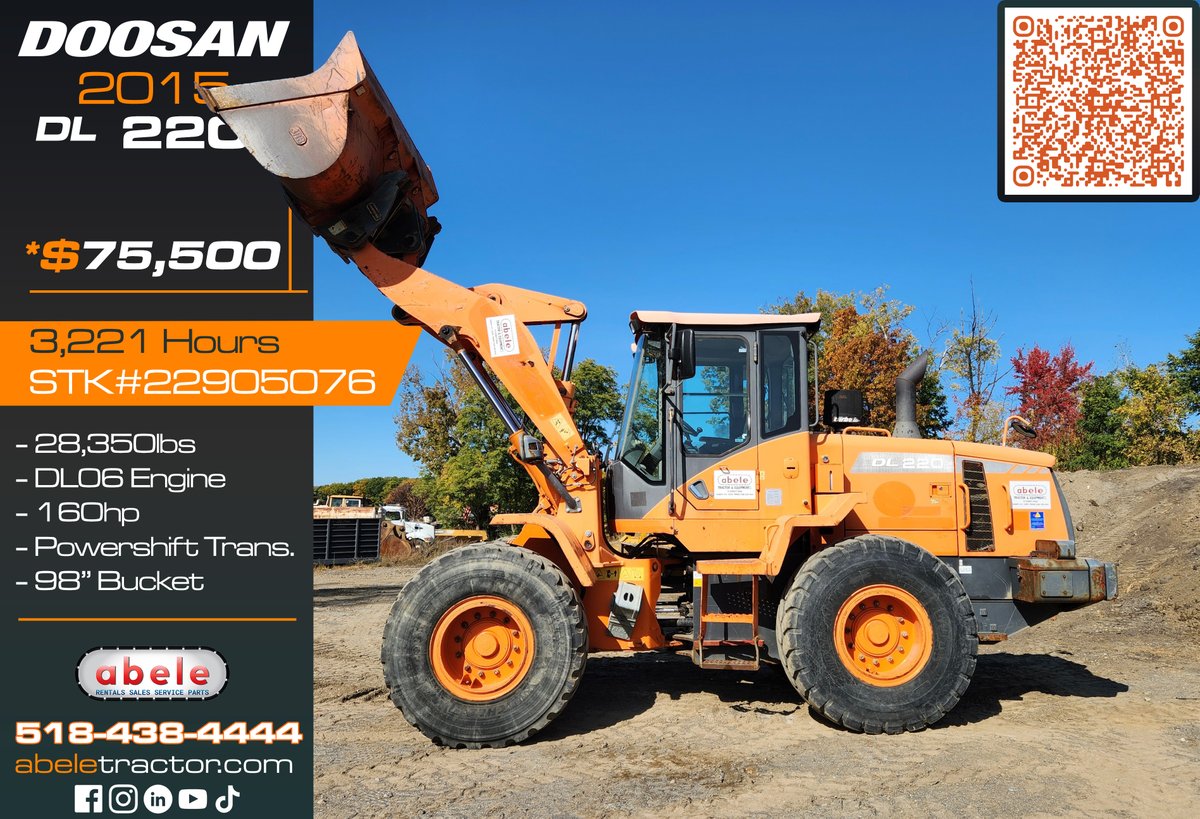 AbeleTractor's tweet image. Ready for a wheel loader that&apos;s built to last?

The 2015 Doosan DL220-3 (STK #22905076) is a used LOADER is ready for your tough jobs and is available now at Abele Tractor!

Call or text us at 518-438-4444 to learn more. @dnsolutionsamericas

#WheelLoader #UsedEquipment