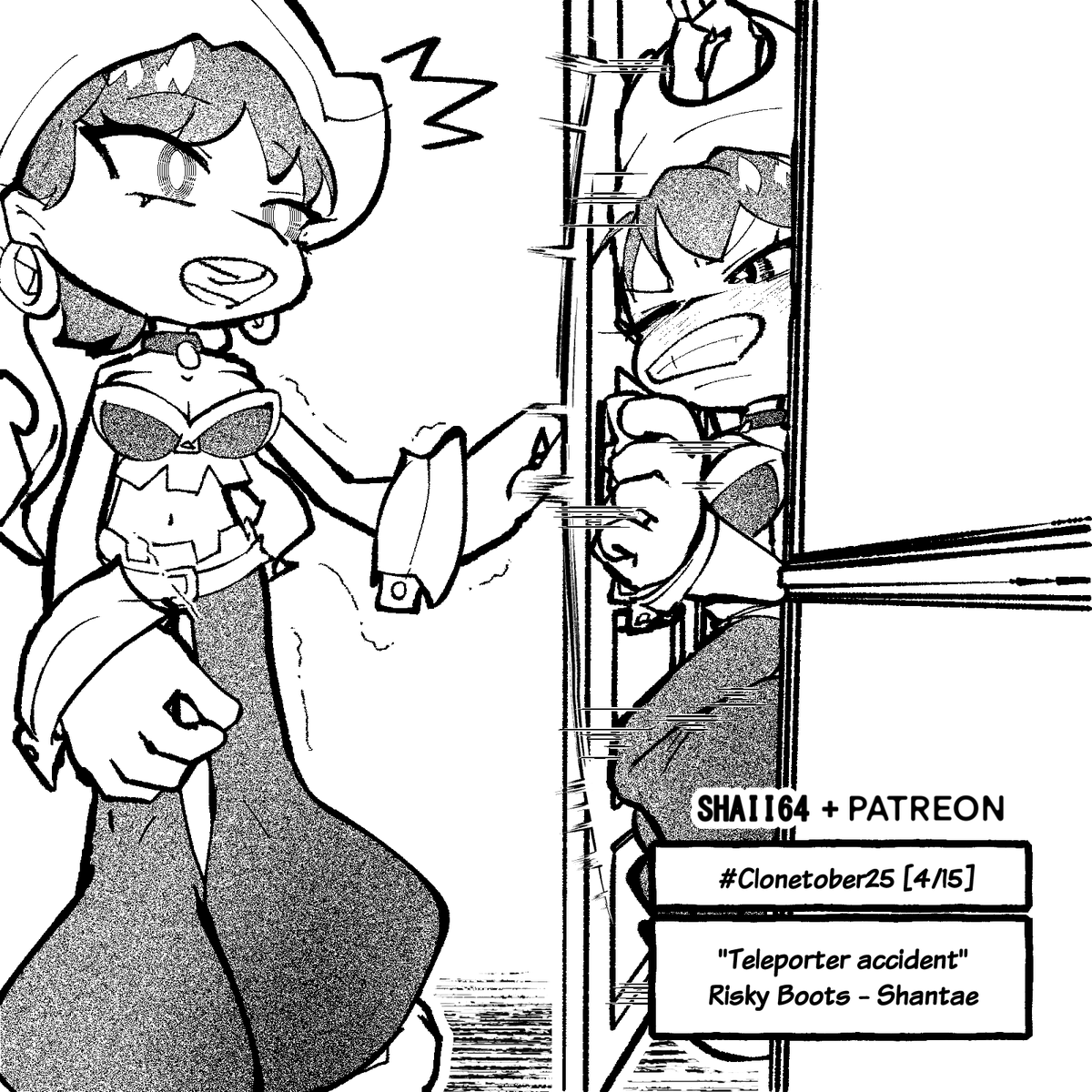 Risky Boots was about to enter her favorite room on her ship, and as she was opening the door, it flew open violently because a copy of herself had appeared just by opening it by accident!
[Clonetober25 - 4/15]