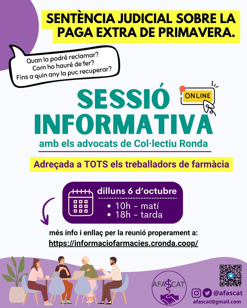 afascat's tweet photo. Quan i com podràs reclamar la Paga Extra de Primavera? Des de quin any es pot reclamar?

Informa't el dilluns 6 d'octubre en la Sessió Informativa On-Line amb els advocats de Col·lectiu Ronda.

DUES SESSIONS:
10h matí
18h tarda

Aviat facilitarem l'enllaç per a la reunió. https://t.co/eR7IlT1AiD