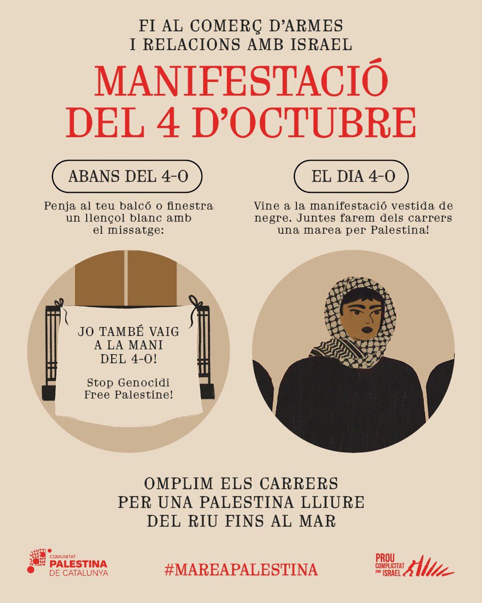 MANIFESTACIÓ 4/10

🏠 Abans del 4-O Penja al teu balcó un llençol amb el missatge: “JO TAMBÉ VAIG A LA MANI DEL 4-O! Stop Genocidi – Free Palestine!”

🚶🏽 El dia 4-O Vine a la manifestació vestida de negre. Juntes en farem dels carrers una #MareaPalestina

#4O #FreePalestine