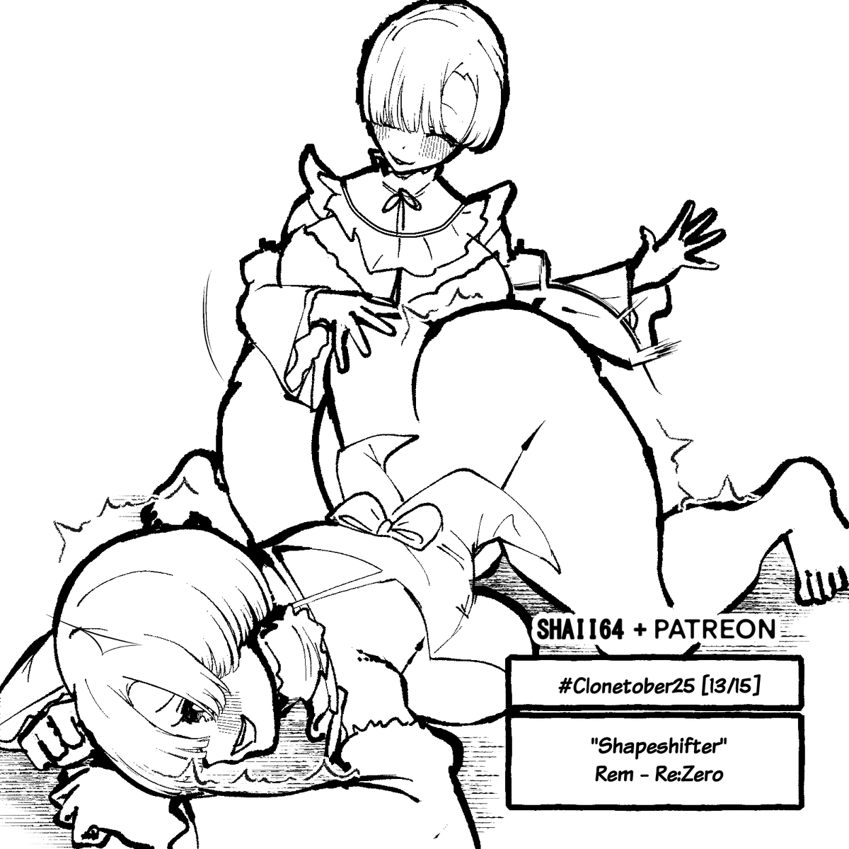 Rem, after reality had restarted, discovered that there was another version of her impersonating her, but when she saw that it wasn't enough of a “rem,” she decided to give it a scolding~
[Clonetober25 - 13/15]