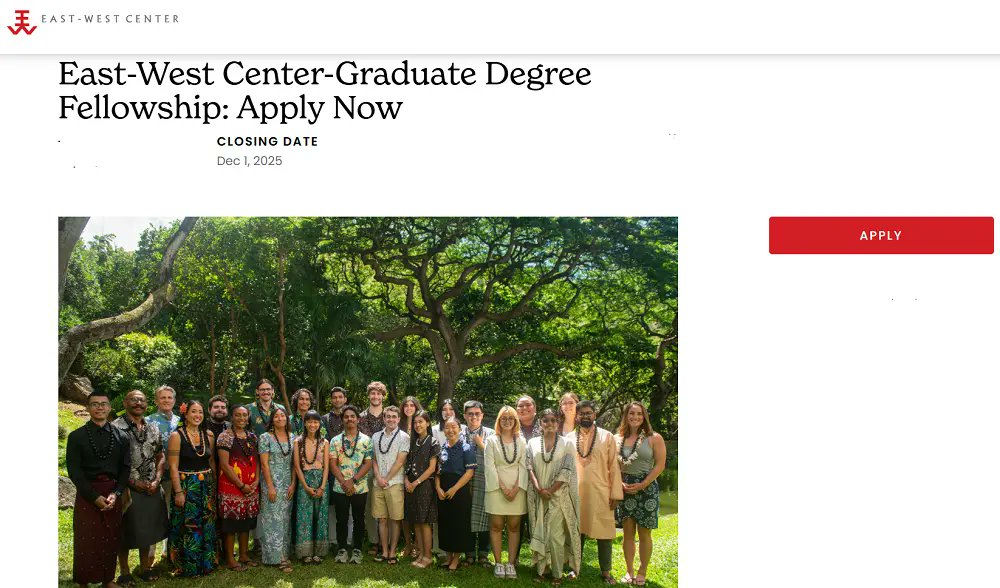 Jamnetnews's tweet photo. Fully Funded East-West Center Graduate Degree Fellowship 2026 for Passionate Masters and PhD Candidates to Study in the University of Hawaii at Manoa

 Applications are now open for the Fully Funded East-West Center Graduate Degree Fellowship 2026 for ... https://t.co/3r6SMFWqQY