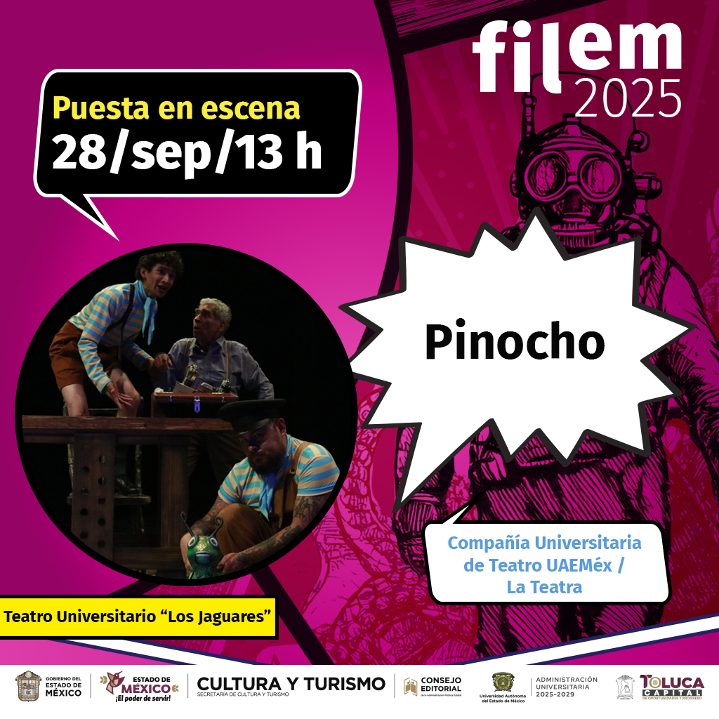 A las y los más pequeños también les gusta el teatro, asiste el domingo 28 de septiembre al Foro Alterno Teatro Universitario “Los Jaguares” y disfruta de la puesta en escena de "Pinocho" en la #Filem2025

<a href="/UAEM_MX/">UAEMéx</a> <a href="/CulturaEdomex/">Secretaría de Cultura y Turismo</a> <a href="/TolucaGob/">Ayuntamiento de Toluca</a>