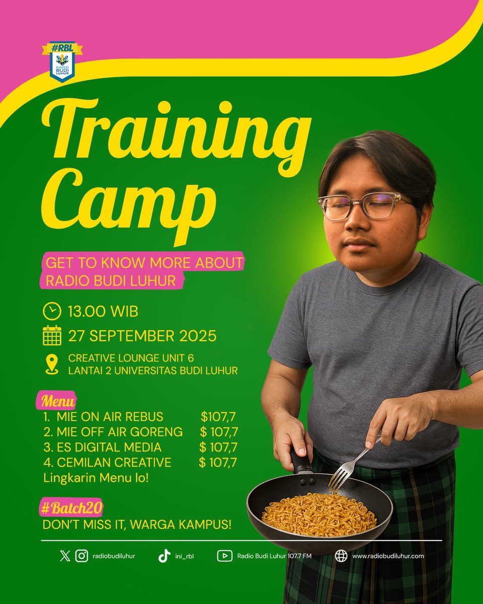 RadioBudiLuhur's tweet image. Jangan lupa buat hadir #WargaKampus dan calon #BATCH20 di Training Camp #RadioBudiLuhur 🥳🦅

see you semuanya🤩🫶🏻