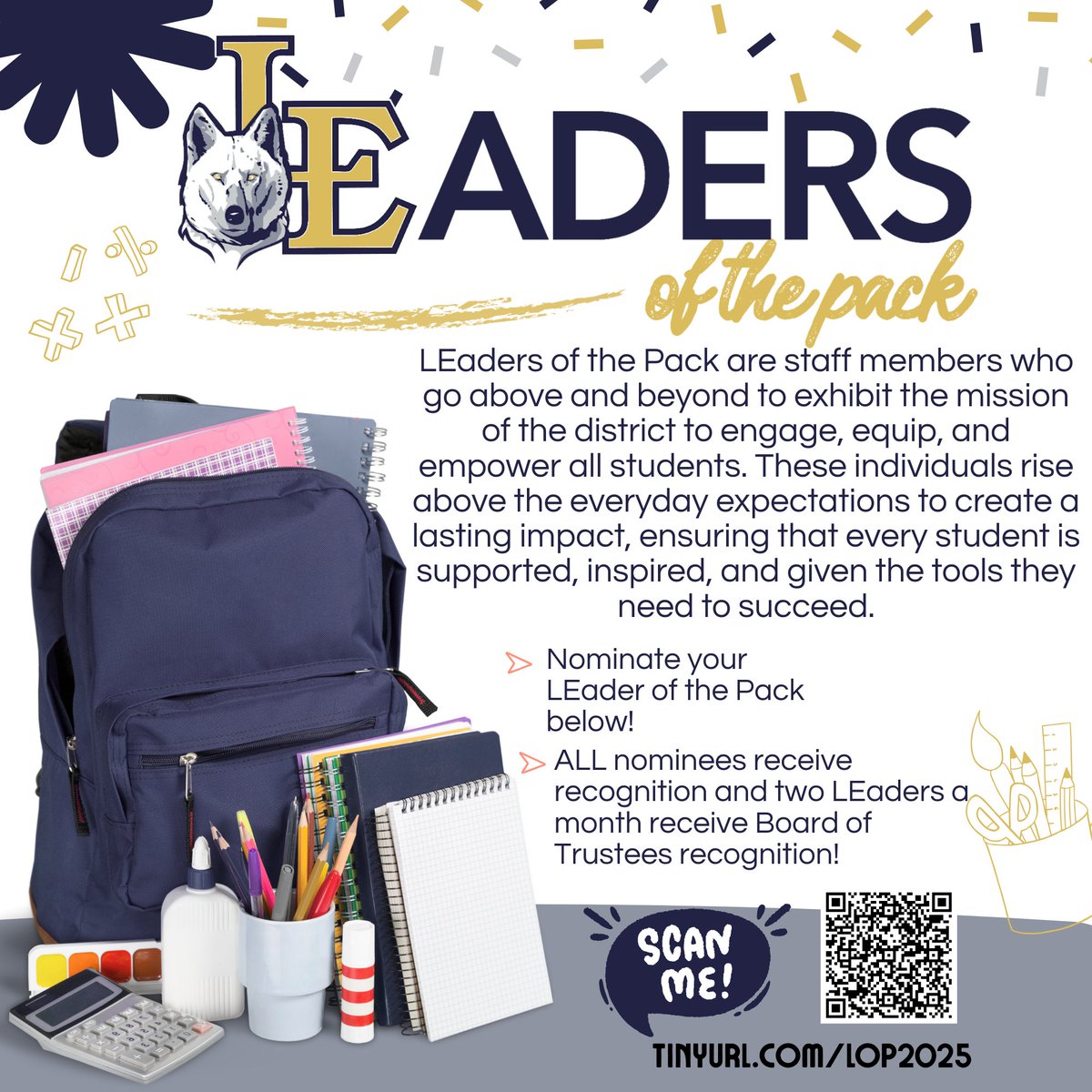 Help us celebrate the incredible leaders in our Lobo FamiLE by submitting your nomination for LEaders of the Pack! 🐺💛💙
✨ Nominate someone who inspires, supports, and leads with heart:
👉 tinyurl.com/LOP2025
#LEISD #LoboFamiLE #LEadersofthePack <a href="/leisd/">Little Elm ISD</a>