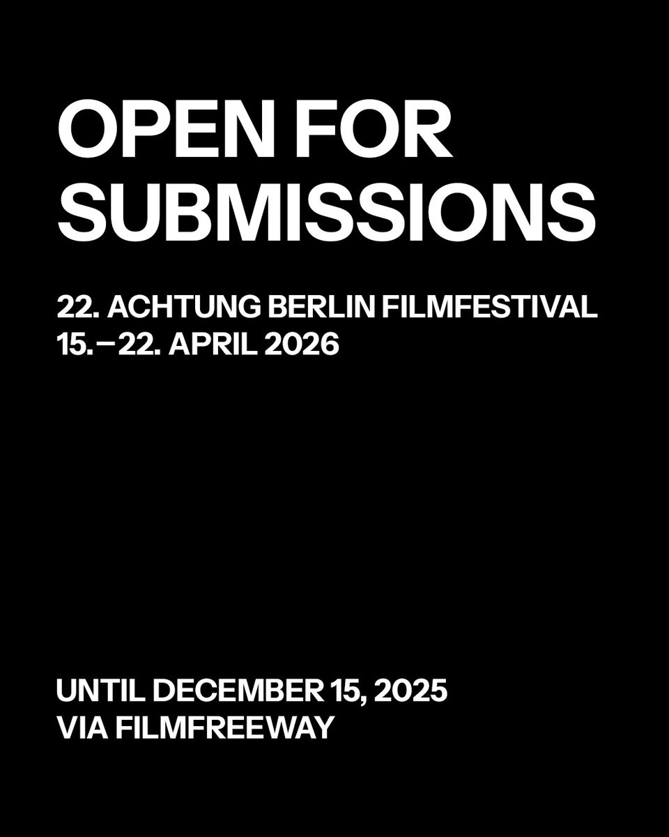 Ready and go 📢 Bis zum 15. Dezember 2025 können Filme für das 22. achtung berlin filmfestival (15.-22. April 2026) eingereicht werden! 🎬

👉 filmfreeway.com/achtungberlinF…
👉 achtungberlin.de/filmeinreichun…

Wir freuen uns auf eure tollen Filme🎉

#Filmfestival #madeinberlinbrandenburg #abff