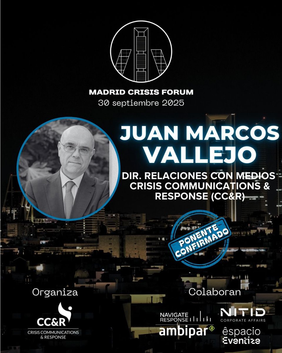 Nuestro Director de Relaciones con los Medios, <a href="/juanmarcosvg/">Juan Marcos Vallejo</a>, moderará el panel  "Lo que se hace" de #MadridCrisisForum.

Periodista, consultor y formador con más de 25 años de experiencia en gestión de crisis.

Una garantía de rigor y profundidad.

👉madridcrisisforum.com