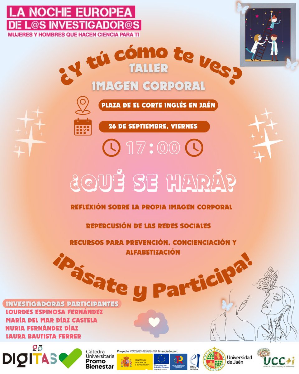 Este viernes DIGITAS estará en La Noche Europea de l@s investigador@s 
🌐 Para más información, consulta …osinvestigadores.fundaciondescubre.es/actividades/y-…

#saludmental #saludemocional #imagencorporal #digitas #UJA #divulgacion #ciencia #nochedelosinvestigadores #bienestaremocional #psicología #cuerporeal