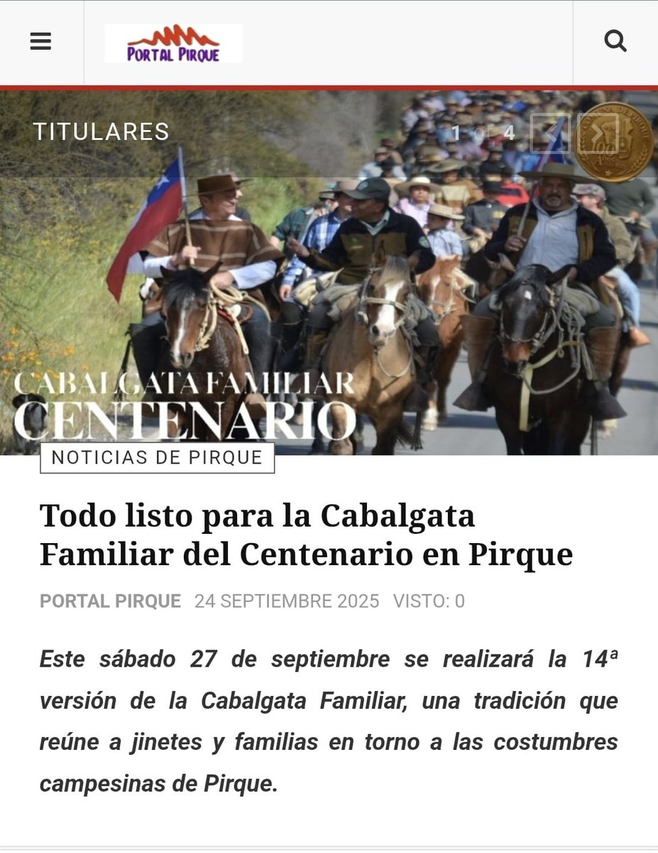 portalpirque's tweet image. 🐎 Todo listo para la Cabalgata Familiar del Centenario en #Pirque.

Este sábado 27 de septiembre se vivirá la 14ª versión de esta tradición que convoca a jinetes y familias.

🔗 portalpirque.cl/index.php/worl…

#Cabalgata #Tradiciones