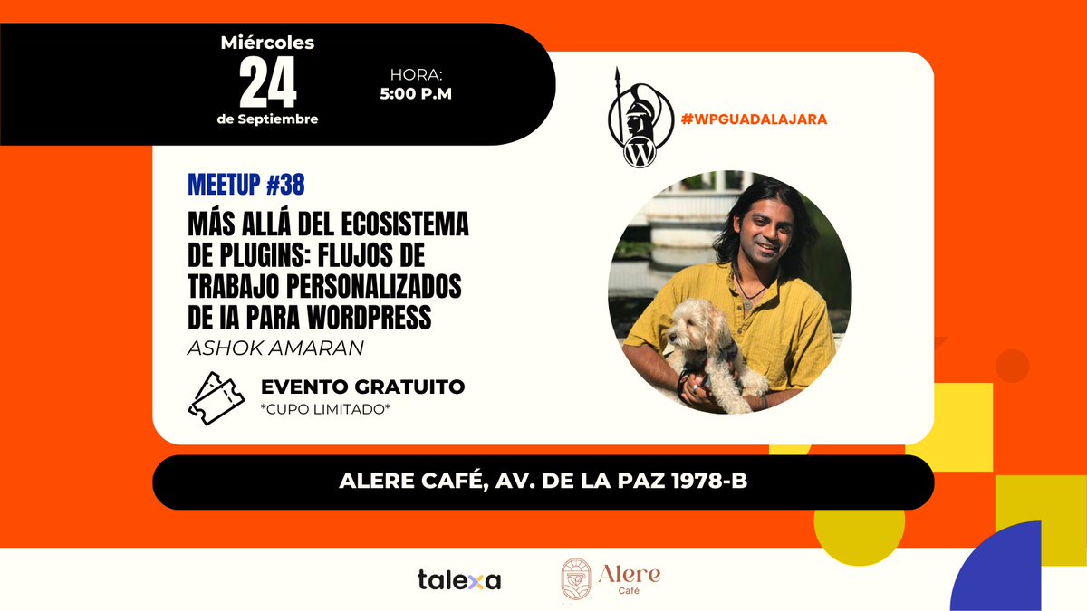 No se les olvide que hoy tenemos Meetup #38: Más Allá del Ecosistema de Plugins: Flujos de Trabajo con IA
Regístrate aquí ya que hay cupo limitado: meetup.com/wordpress-guad…
¡Nos vemos al rato!
#WordPress #Meetup #WPGDL