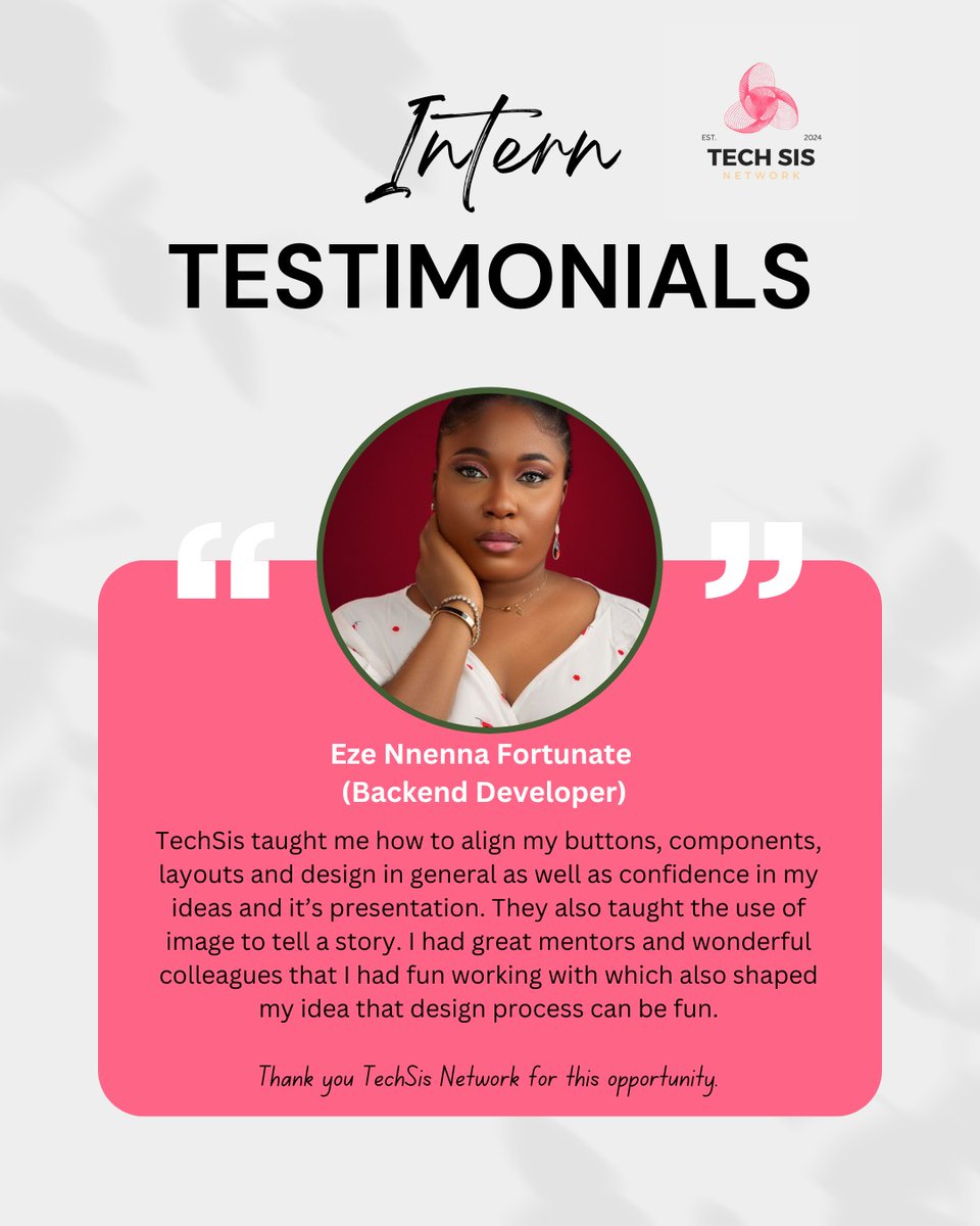 TechsisNetwork's tweet image. INTERN SPOTLIGHT ✨
☕ Fortunate (Backend Dev)
“TechSis boosted my design skills, confidence & showed me that the process can be fun!”
🚀 Start your journey with TechSis Internship 2.0
👉 forms.gle/KBbW9fn67LwRSZ…
#TechSisNetwork #InternshipProgram