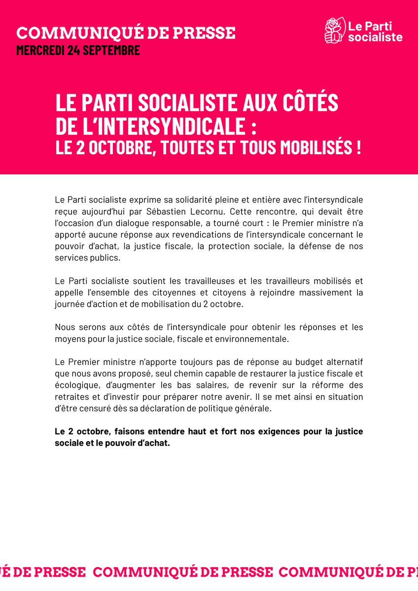 📢 Le Parti socialiste aux côtés de l’intersyndicale : le 2 octobre, toutes et tous mobilisés !

Le Parti socialiste soutient les travailleuses et travailleurs mobilisés et appelle les citoyen·nes à rejoindre massivement la journée d’action et de mobilisation du 2/10.