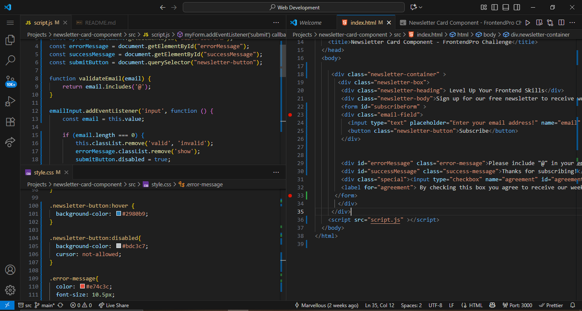 marvellousbh's tweet image. Day 1 of #30daysofcode
Finally wrapped up the validation of this form.
Design ✅️
Functionality ✅️
Responsiveness...loading
I thought this newsletter would take me 2 weeks, omo it's getting to 4...but I'll stick to the plan.