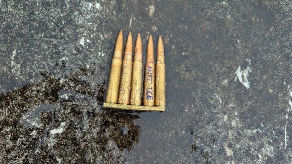 rowanfornow's tweet photo. To be clear, by "anti-ICE messaging" the Vice President means literally the words "ANTI-ICE", by "carved" he means "drawn on with a pen", by "bullets" he means "bullet", and by "used" he means "didn't use" https://t.co/EYOckusnYH