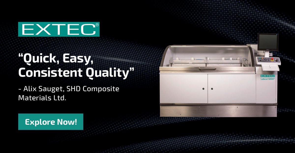 ExtecCorp's tweet image. "The Labcut saw has enabled us to quickly, easily, and consistently produce high-quality test samples, all of which have an exceptional cut," says Alix Sauget, Research &amp;amp; Development Manager at SHD Composite Materials Ltd. Learn more at shorturl.at/G7umL #Labcut5000
